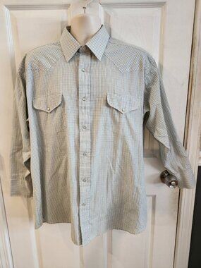 NWOT~Vintage~PANHANDLE SLIM~Western Wear~Shirt~Blue Yellow~Clear Snap~17 1/2-34